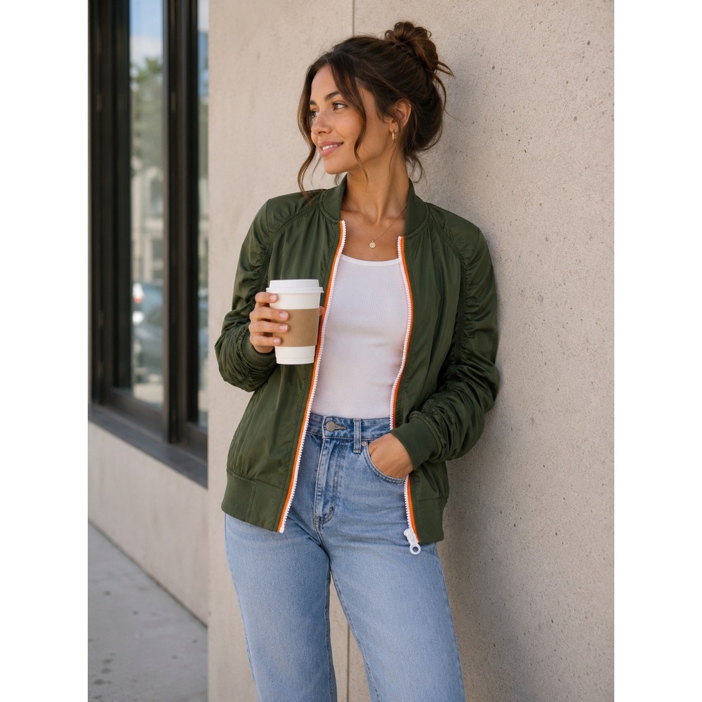 Hunter for Target Olive Green Ruched Sleeve Bomber Jacket Orange Zip Small